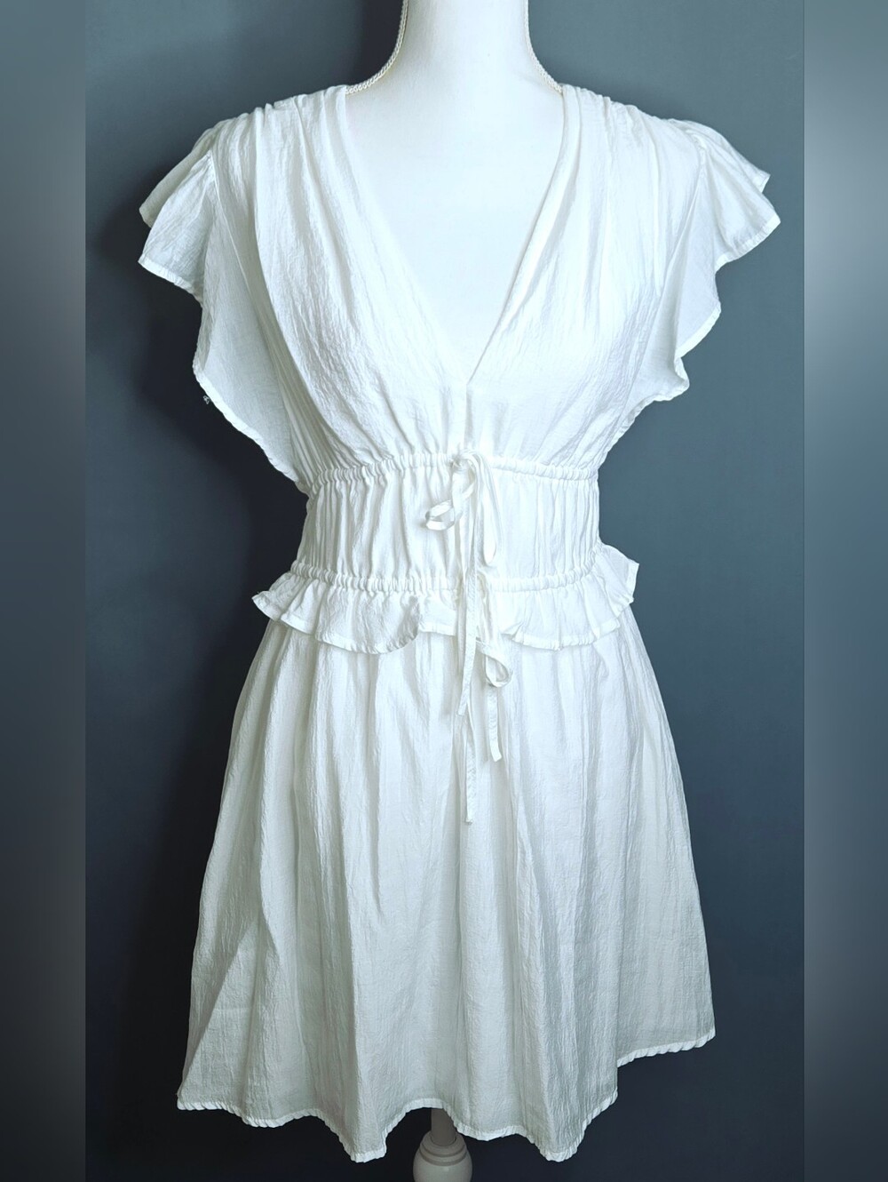 Scoop White Flutter Sleeve Tie Waist Dress Fully Lined Pockets Boho NWOT M 8/10